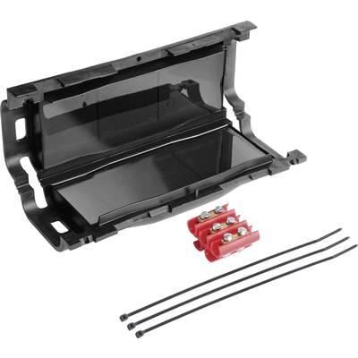 Ein schwarzes Kunststoffgehäuse mit Kabelbefestigungen für elektrische Verbindungen, inklusive zwei roten Klemmen und drei Kabelbindern.
