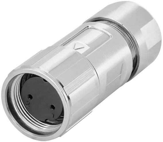Ein silberner, zylindrischer Stecker mit zwei sichtbaren Löchern, nummeriert mit '1' und '2'. Der Stecker hat eine gerillte Oberfläche.