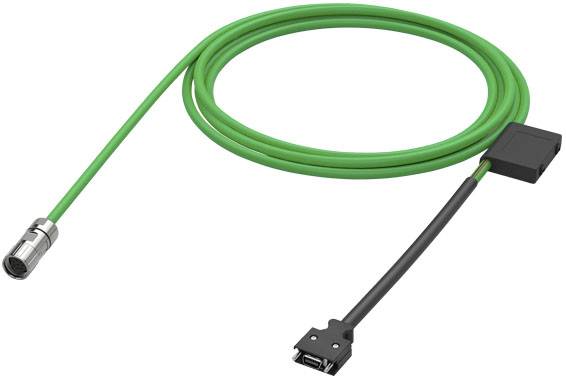 Grünes, langes Kabel mit einem großen rechteckigen Stecker und einem kleineren runden Stecker an den Enden.