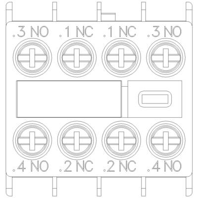 Schaltplan eines Elektroteils mit acht Kontakten, beschriftet mit '.3 NO', '.1 NC', '.3 NO', '.4 NO', '.1 NC', '.2 NC', '.2 NC', '.4 NO'.