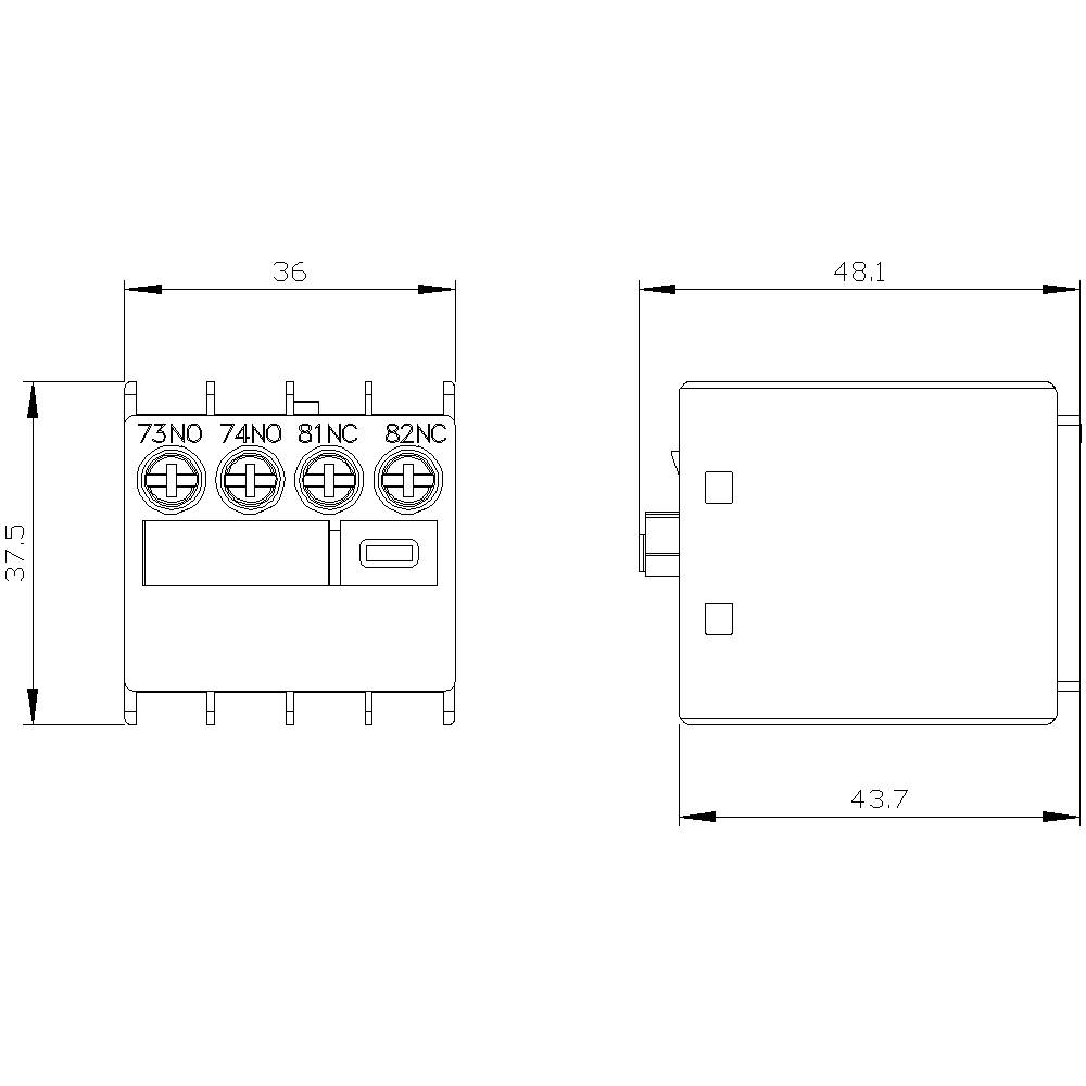 'Technische Zeichnung eines rechteckigen Steckverbinders mit Seitenansicht und Oberansicht. Maße: 36 x 37,5 x 48,1 mm.'