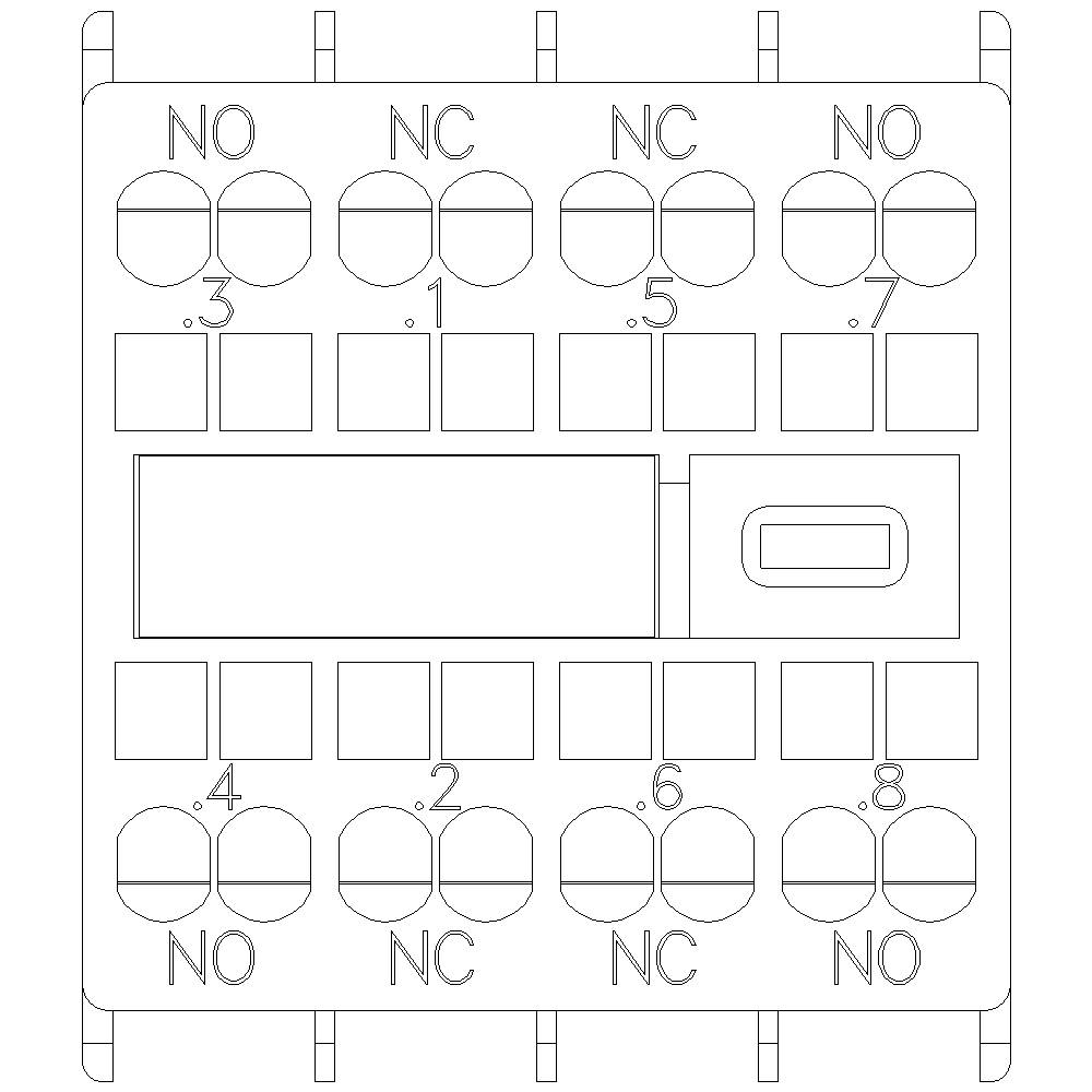Elektrische Schaltplanabbildung: Mehrere unbeschriftete NO- und NC-Kontakte mit nummerierten Anschlussklemmen. Identifikation: 1 bis 8.