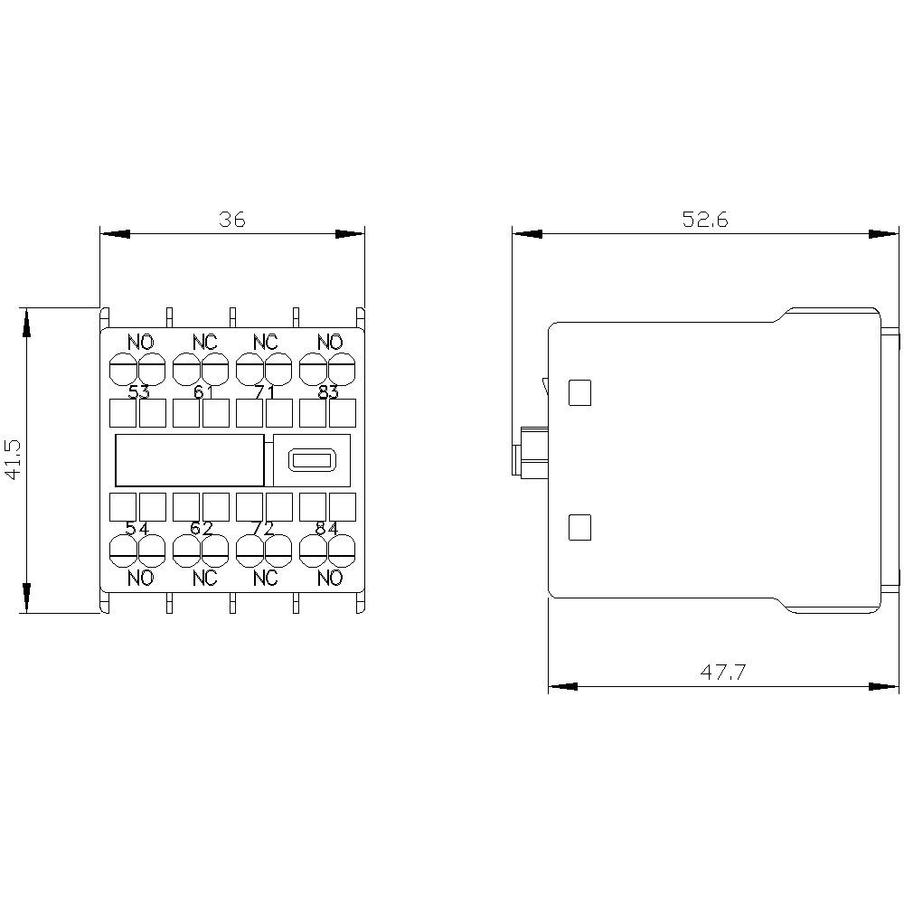 Technische Zeichnung eines elektrischen Schalters mit Maßen: 36x41,5mm Frontansicht, 52,6x47,7mm Seitenansicht. Pins und Anschlüsse markiert.