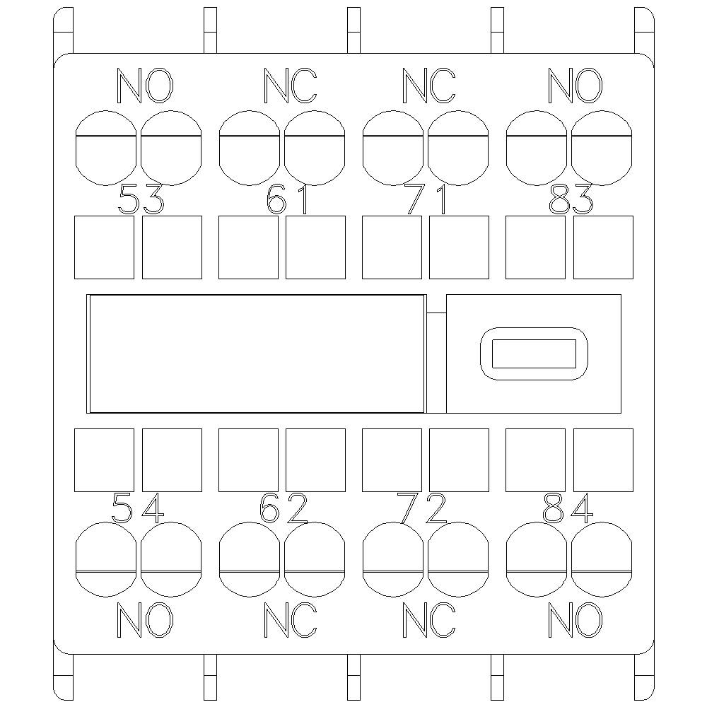 'Diagramm eines elektrischen Anschlussplans mit den Beschriftungen NO, NC und den Zahlen 53, 54, 61, 62, 71, 72, 83, 84.'