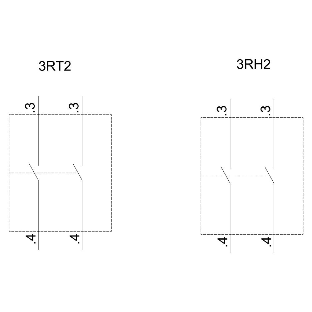 Links: Zwei elektrische Schaltpläne nebeneinander. Links '3RT2' mit zwei vertikalen Linien und einer diagonalen. Rechts '3RH2' mit ähnlichen Linienanordnungen.