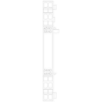 Die Abbildung zeigt eine schematische Darstellung eines Racks mit nummerierten Anschlüssen: 43 NO, 33 NO, 34 NO, 44 NO.
