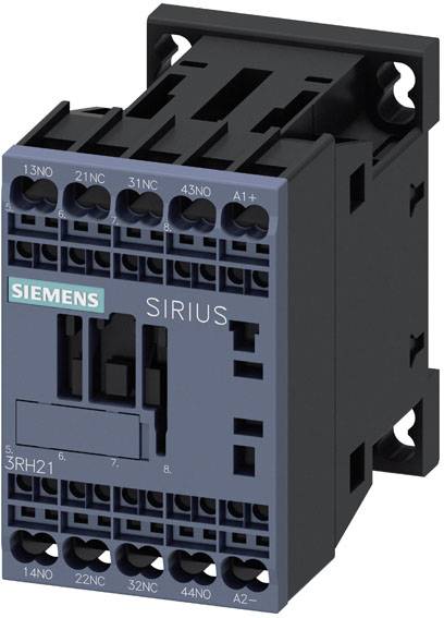 Ein elektrischer Siemens SIRIUS Schütz, Modell 3RH21, mit Anschlüssen für verschiedene Schaltkreise, zur Steuerung von elektrischen Lasten.
