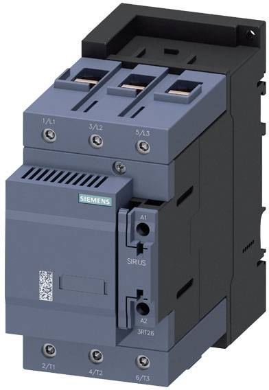 Ein grauer, elektrischer Schütz von Siemens aus der SIRIUS-Serie. Er hat mehrere Anschlüsse für elektrische Verbindungen und ist für den industriellen Einsatz geeignet.