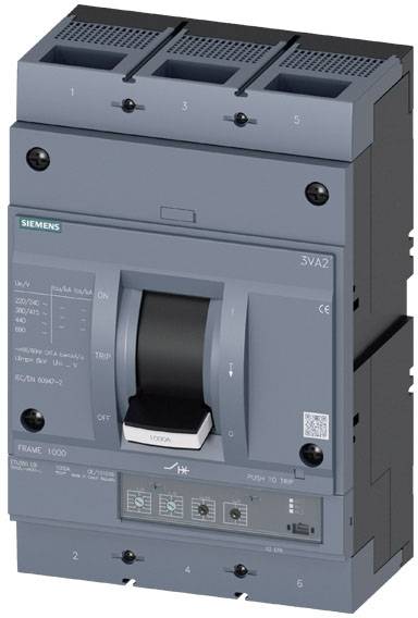 Elektrischer Leistungsschalter in grauer Farbe mit schwarzem Hebel. Kennzeichnungen und technischen Details auf der Vorderseite.