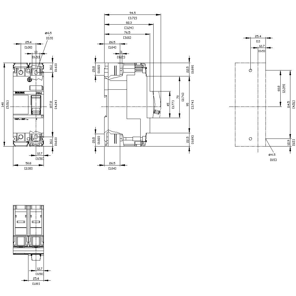 Technische Zeichnung eines Bauteils mit mehreren Ansichten und Bemaßungen, einschließlich Länge, Breite und Höhe in Millimetern.