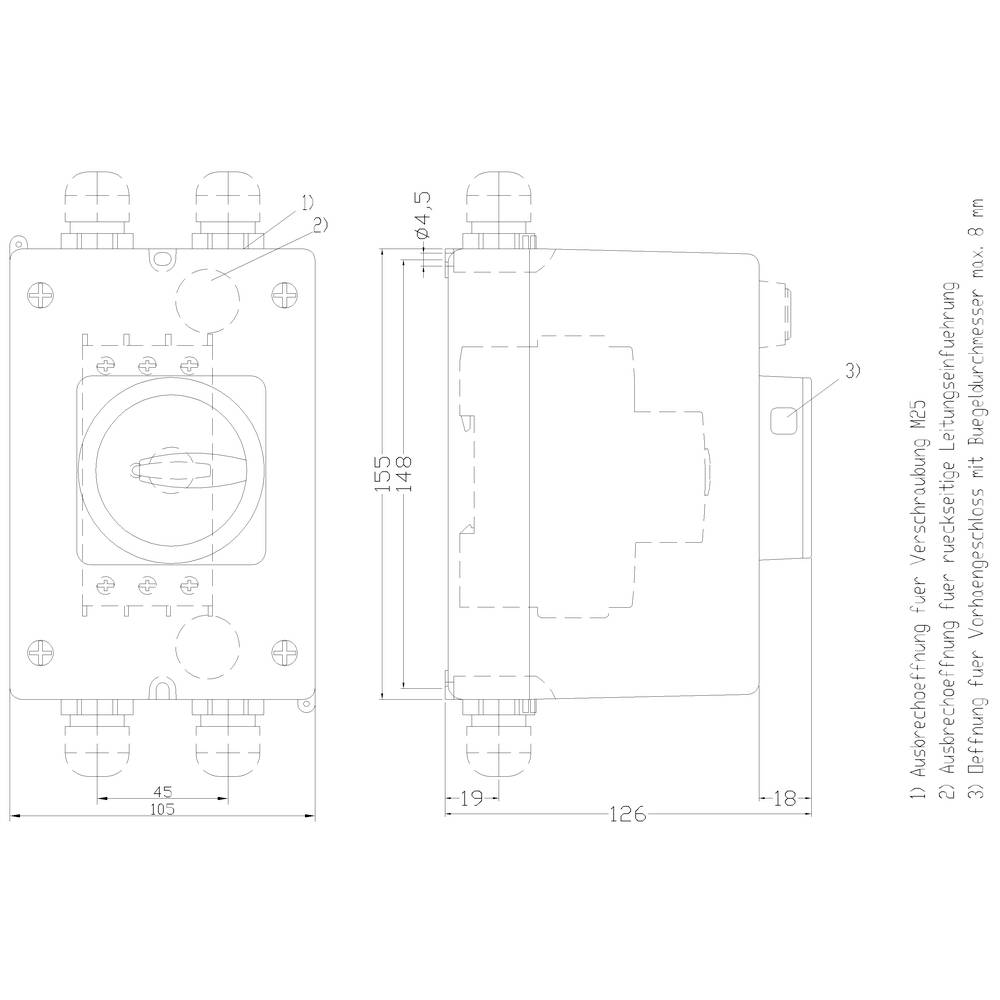 Technische Zeichnung eines elektrischen Schaltkastens mit Abmessungen: Breite 126 mm, Höhe 148 mm. Beschriftungen und Anschlüsse sind markiert.