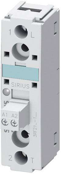 Ein weißes elektrisches Schaltgerät mit der Aufschrift 'SIRIUS' in der Mitte, Anschlüsse oben und unten, und zwei Klemmen unten links.