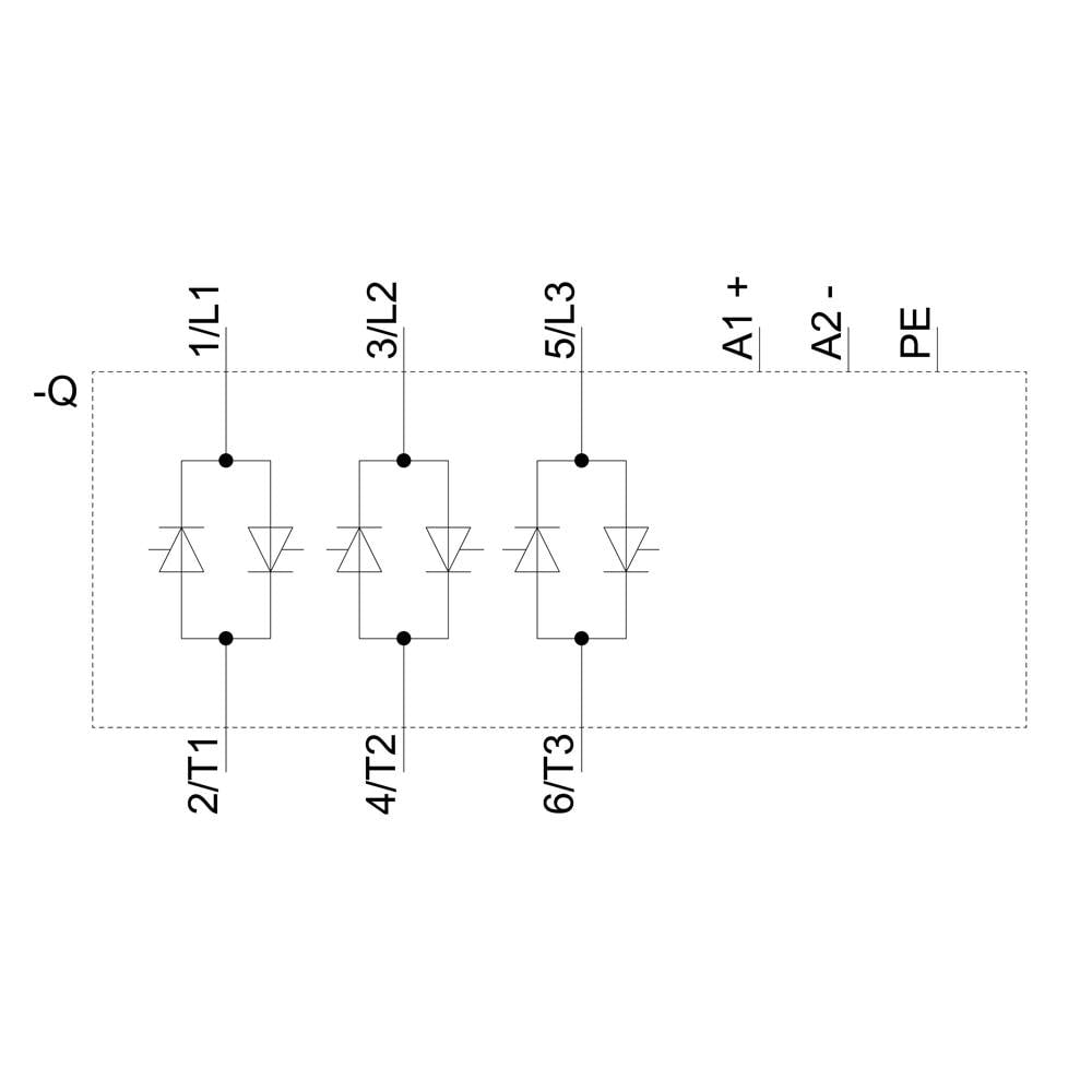 'Stromkreislauf mit drei parallelen Dioden, die mit drei Linien verbunden sind: 1/L1, 3/L2, 5/L3. Anschlüsse links: 2/T1, 4/T2, 6/T3. Rechts: A1+, A2-, PE.'