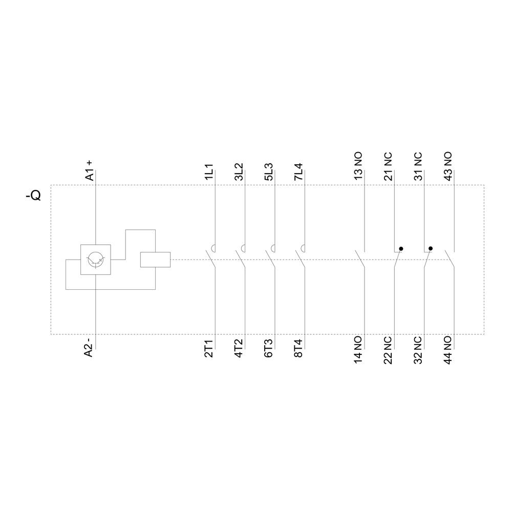 Schaltplan eines elektrischen Schaltkreises mit mehreren Anschlüssen und Schaltern, gekennzeichnet mit 1L1 bis 4L und 14 NO bis 44 NO.