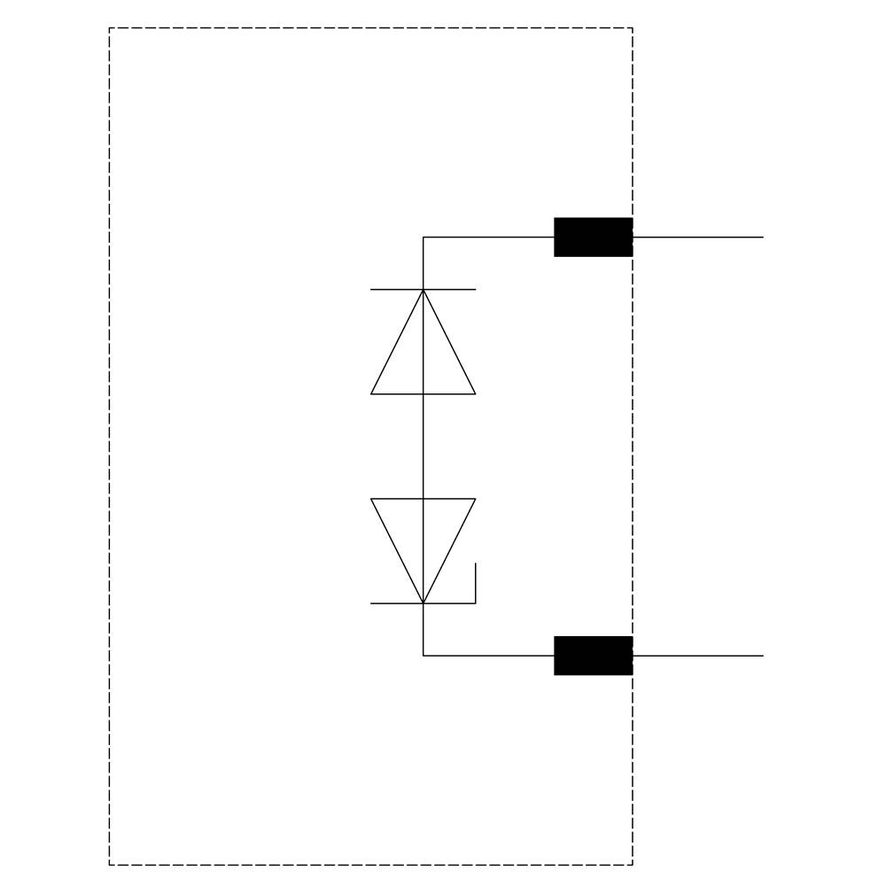 Ein Schaltplan zeigt zwei antiparallele Dioden mit Anschlussklemmen, die eine symmetrische Stromflussrichtung markieren.