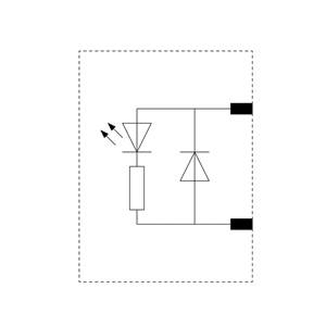 Schaltsymbol für eine LED-Diode, die über einen Widerstand mit einer Schutzdiode in umgekehrter Polarität verbunden ist.
