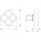 Cad-Zeichnung eines vierblättrigen Kleeblatts mit Maßen. Vorderansicht zeigt Gesamtbreite von 57,6 mm. Seitenansicht zeigt Tiefe von 43,2 mm.