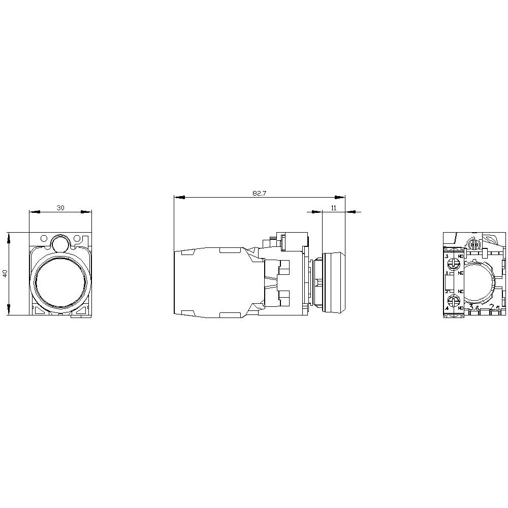 Technische Zeichnung eines zylindrischen Schalters mit Maßen: Breite 30 mm, Tiefe 82,7 mm, Höhe 33 mm. Anzeigen von Vorder-, Seiten- und Draufsicht.