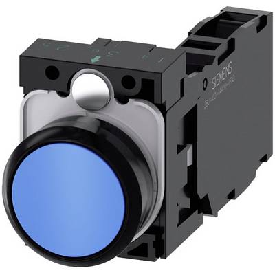 Ein blauer Druckknopf in einem schwarzen Gehäuse, wahrscheinlich ein elektrischer Schalter, wie er in industriellen Steueranlagen verwendet wird.
