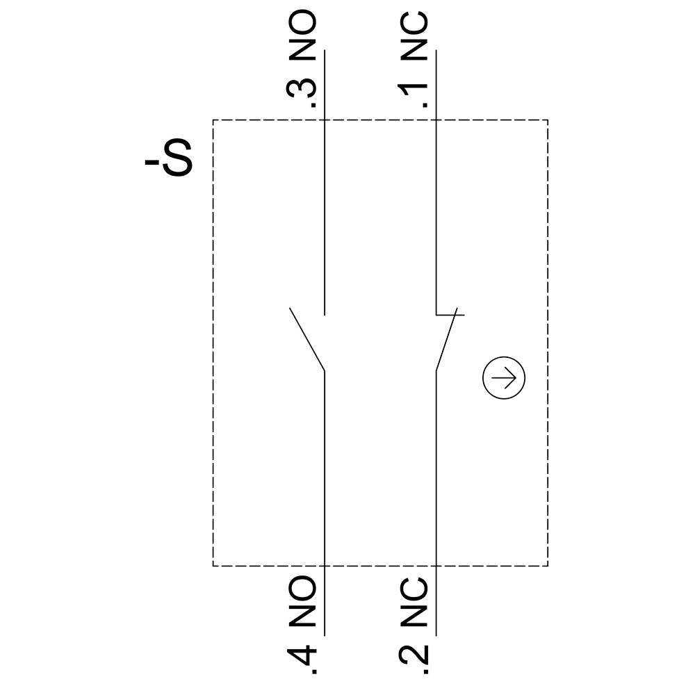 Schaltsymbol: Einpoliger Wechselschalter, Darstellung mit '3 NO', '1 NC', '4 NO', '2 NC'. Kleinster Widerstand, Pfeil zeigt Richtung.
