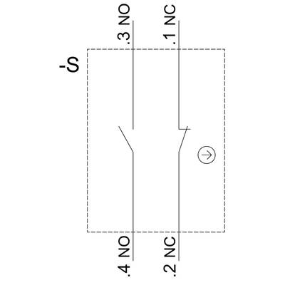 Schaltsymbol: Einpoliger Wechselschalter, Darstellung mit '3 NO', '1 NC', '4 NO', '2 NC'. Kleinster Widerstand, Pfeil zeigt Richtung.