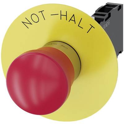 Not-Halt-Taste in Rot und Gelb, mit der Aufschrift 'NOT-HALT'. Sie wird für Notabschaltungen von Maschinen verwendet.