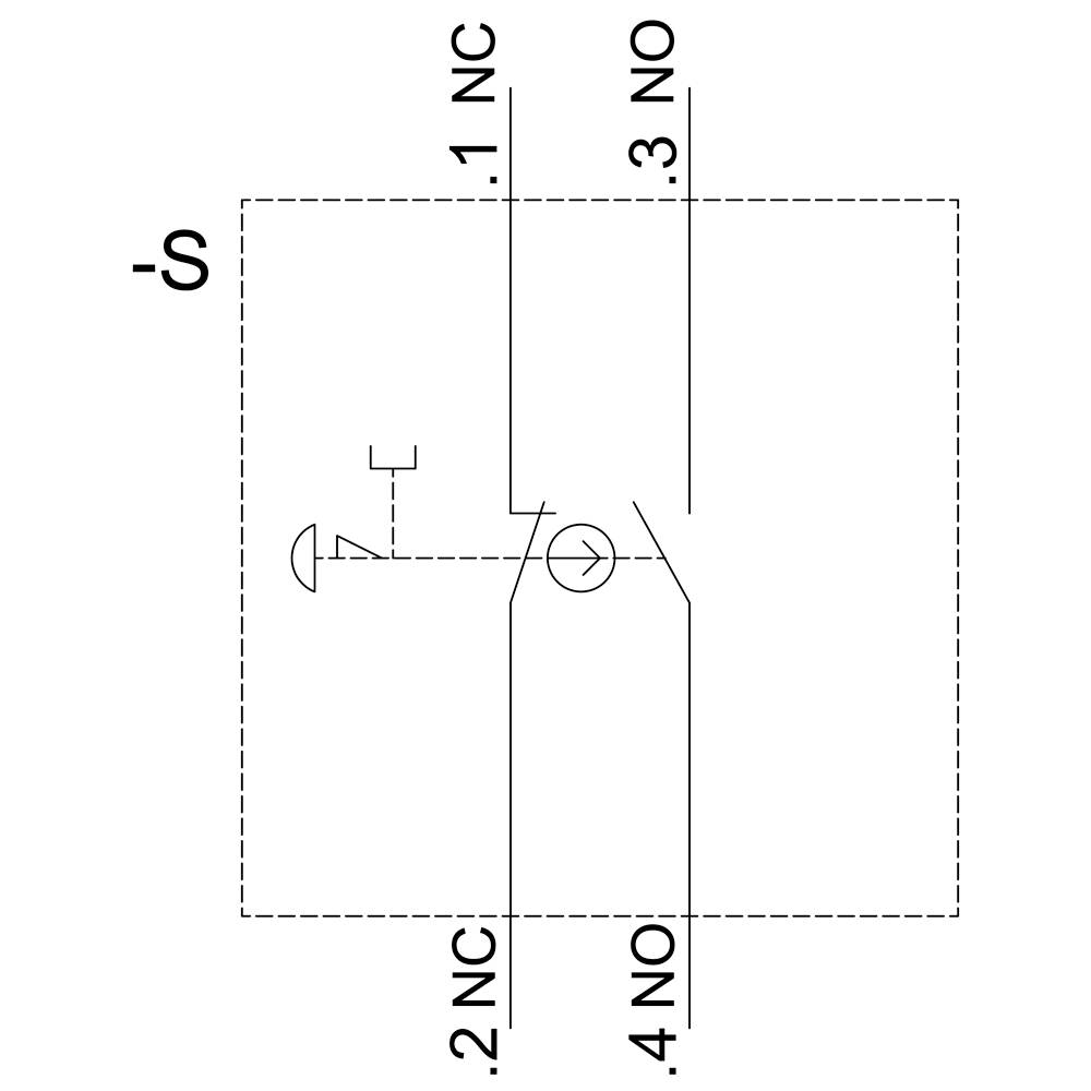 Elektrotechnischer Schaltplan eines Schalters mit Bezeichnungen '1 NC', '2 NC', '3 NO', '4 NO' an den Anschlüssen.