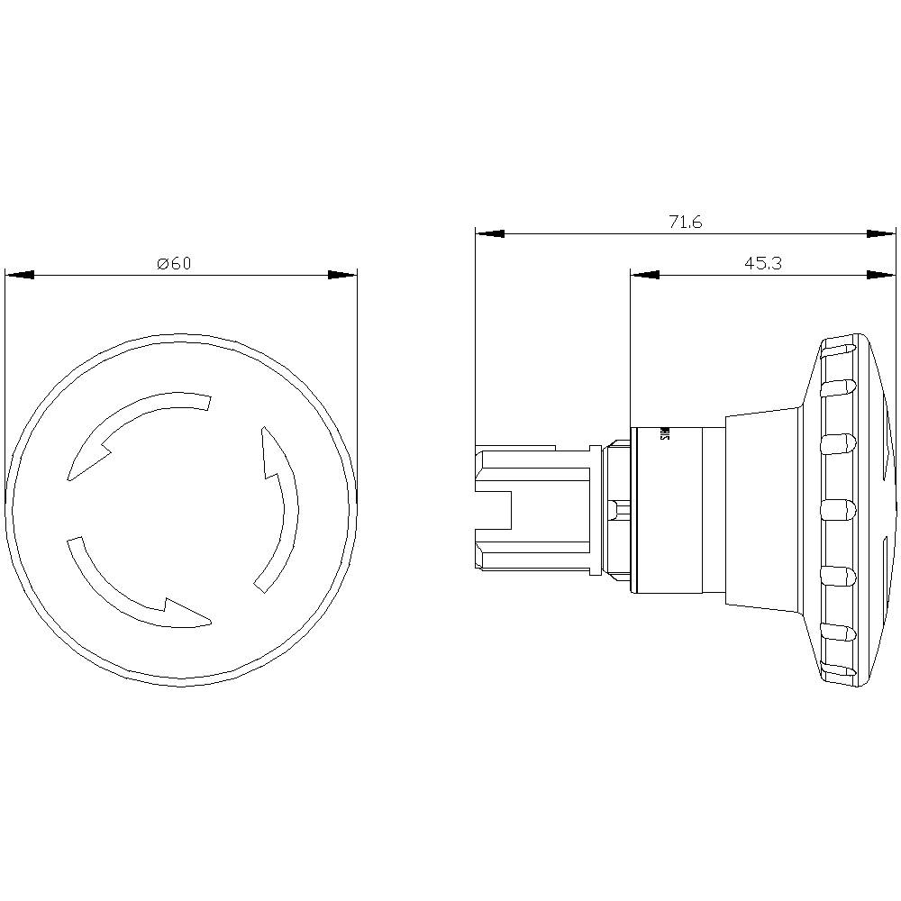 Technische Zeichnung eines zylindrischen Objekts mit Maßen: Durchmesser 60 mm, Länge 71,6 mm, seitliche Länge 45,3 mm.