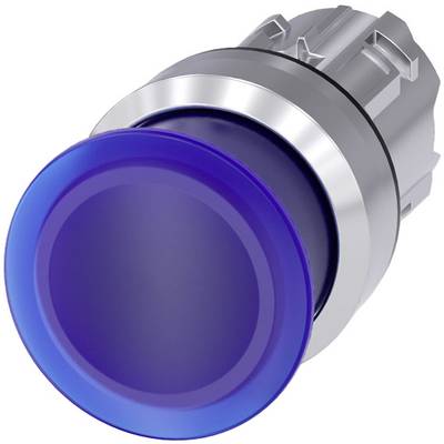 Ein blauer Druckknopf mit silbernem Ring, typisch für elektronische Geräte oder Maschinensteuerungen.