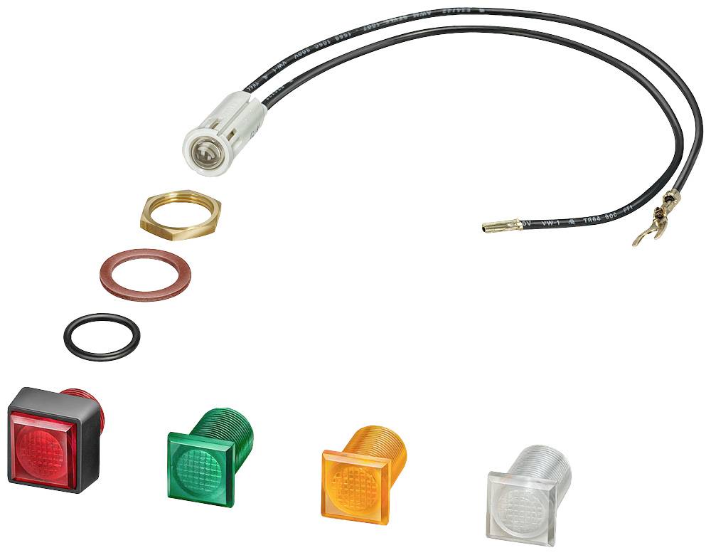 Mehrfarbige, quadratische LED-Anzeigen mit Verkabelung, montierbar in einem Autosystem, in den Farben Rot, Grün, Orange und Weiß.