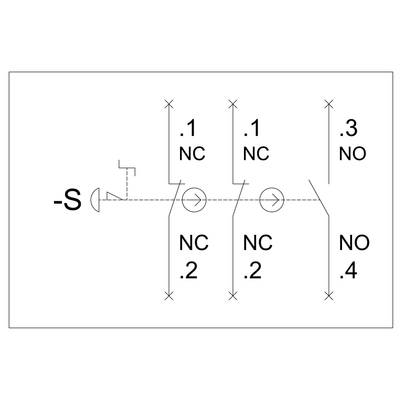 'Elektrischer Schaltplan: Schalter (-S) mit Kontakten. Zwei NC 0,1, kleben an NC 0,2. NO 0,3, daneben kleben an NO 0,4.'