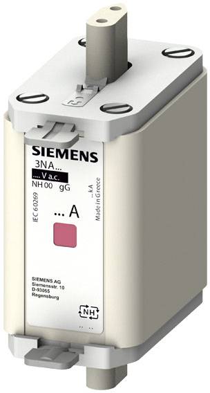 Sicherungseinsatz der Marke Siemens, Typ NH00 gg, mit technischen Spezifikationen und Herstellerangaben auf der Vorderseite.