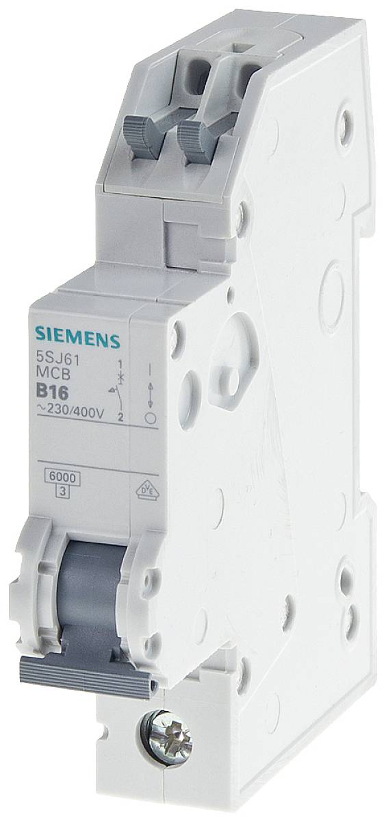 Leistungsschutzschalter von Siemens, Modell 5SJ6, B16, geeignet für 230/400 V. Serientyp 6000. Weißes, rechteckiges Gehäuse.