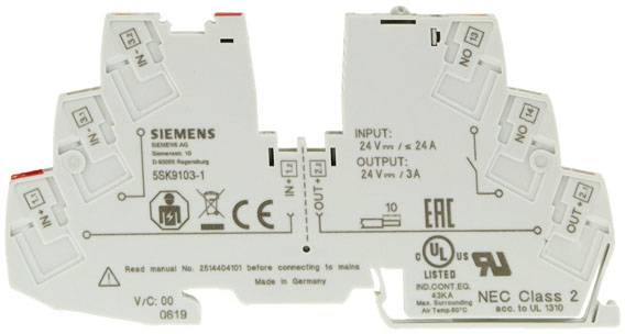 Ein elektrisches Bauteil von Siemens mit technischen Spezifikationen für Eingang 24V 24A und Ausgang 24V 3A. CE- und UL-Zertifikate.