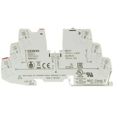 Ein elektrisches Bauteil von Siemens mit technischen Spezifikationen für Eingang 24V 24A und Ausgang 24V 3A. CE- und UL-Zertifikate.