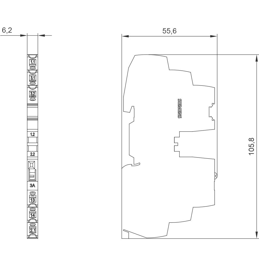 Technische Zeichnung eines Geräts mit Maßen: Höhe 105,8 mm, Breite 55,6 mm. Linke Seite zeigt Symbole auf einer Spalte.