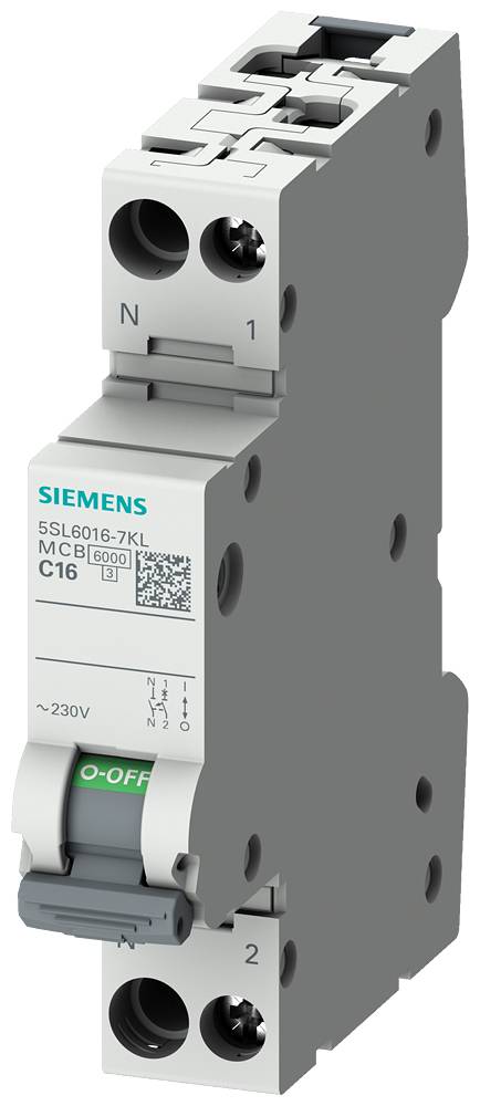 Ein grauer Siemens-Leitungsschutzschalter mit Aufschrift 'C16'. Schalter steht auf 'OFF'. Geeignet für Strom bis 230V.