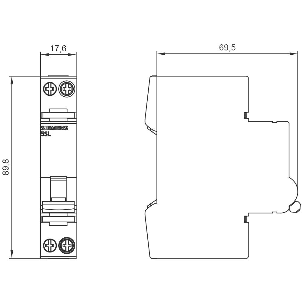 Abmessungsdiagramm eines elektrischen Schalters. Links zeigt die Frontansicht, rechts die Seitenansicht. Maße: 17,6 mm Breite, 69,5 mm Länge, 88,9 mm Höhe.