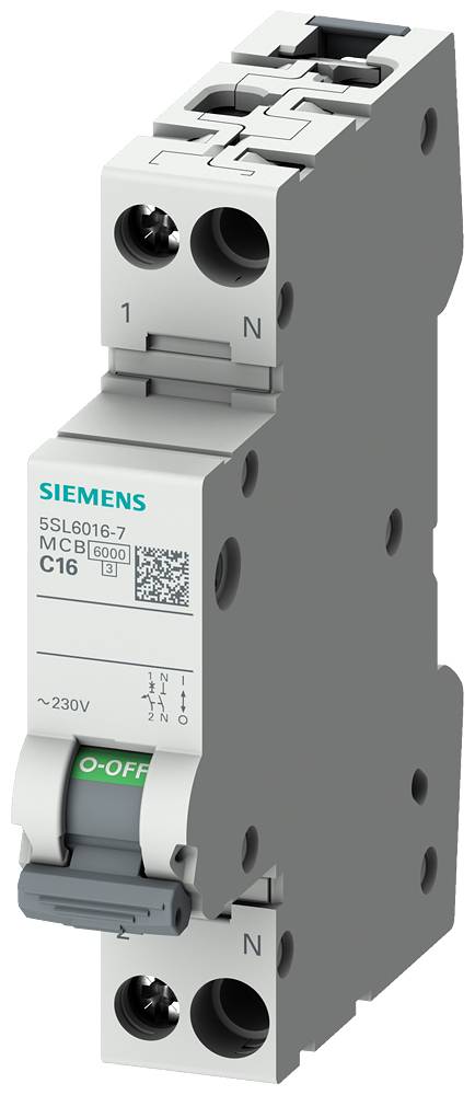 Ein grauer Siemens-Leitungsschutzschalter mit grüner 'O- OFF'-Anzeige, Typ C16, geeignet für Spannungen bis 230V.