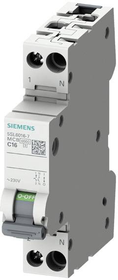 Ein Siemens-Leitungsschutzschalter mit der Aufschrift 'MCB C16', geeignet für 230V. Schwarz-weiße Beschriftung zeigt technische Details.