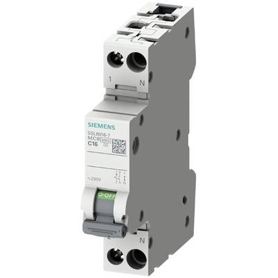 Ein Siemens-Leitungsschutzschalter mit der Aufschrift 'MCB C16', geeignet für 230V. Schwarz-weiße Beschriftung zeigt technische Details.