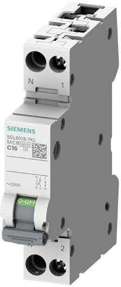 Ein grauer Siemens-Leitungsschutzschalter (MCB), Typ 5SL6016-7KL, C16, 230V. Er hat einen grünen Schalter mit der Beschriftung 'O-OFF'.