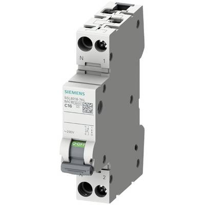 Ein grauer Siemens-Leitungsschutzschalter (MCB), Typ 5SL6016-7KL, C16, 230V. Er hat einen grünen Schalter mit der Beschriftung 'O-OFF'.
