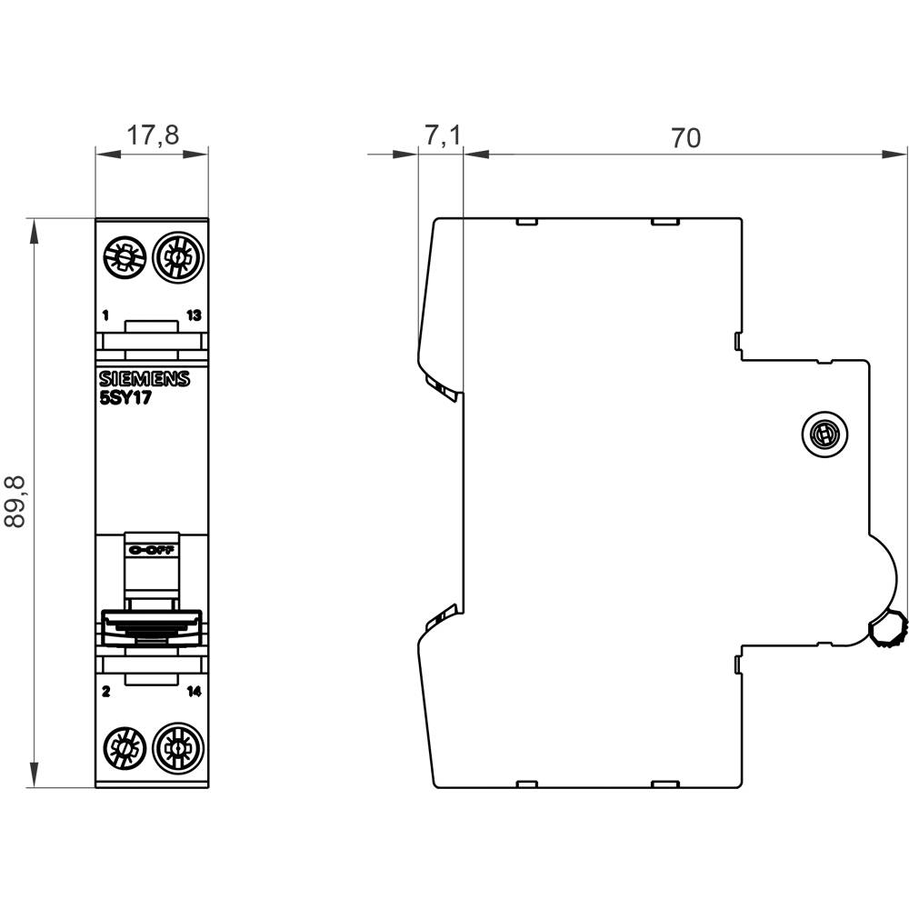Technische Zeichnung eines elektrischen Geräts mit Abmessungen: Höhe 89,8 mm, Breite 17,8 mm, Tiefe 70 mm. Anschlüsse und Details sichtbar.