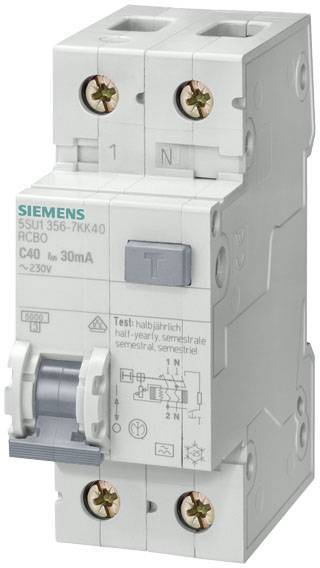 Ein dualer Leitungsschutzschalter von Siemens, Modell C40, für Schutz vor Kurzschluss und Überlast, mit Test-Taste.