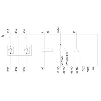 'Schaltplan zur Veranschaulichung der elektrischen Verbindung zwischen L1, L2, L3 und Klemmen A1, A2, sowie verschiedenen Anschlüssen.'