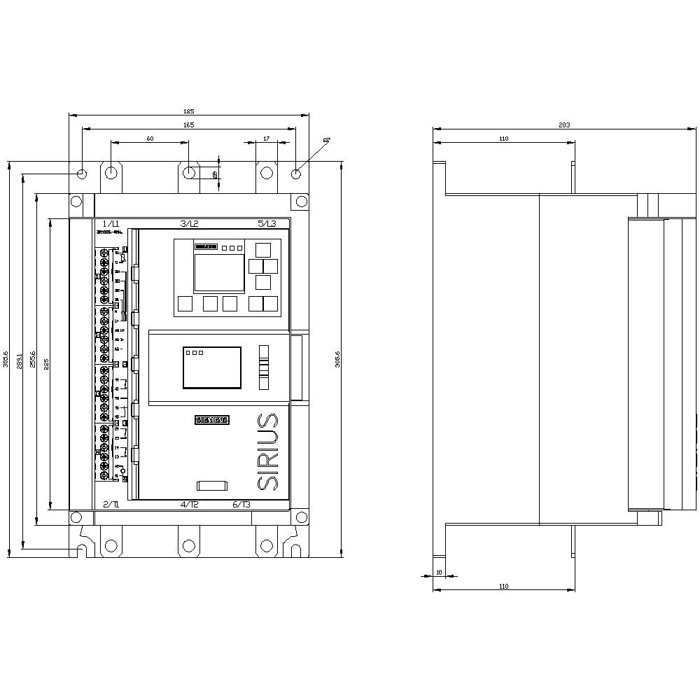 Technische Zeichnung eines elektronischen Geräts mit Abmessungen und Schaltkreisschema, zeigt Vorder- und Seitenansicht mit Details.
