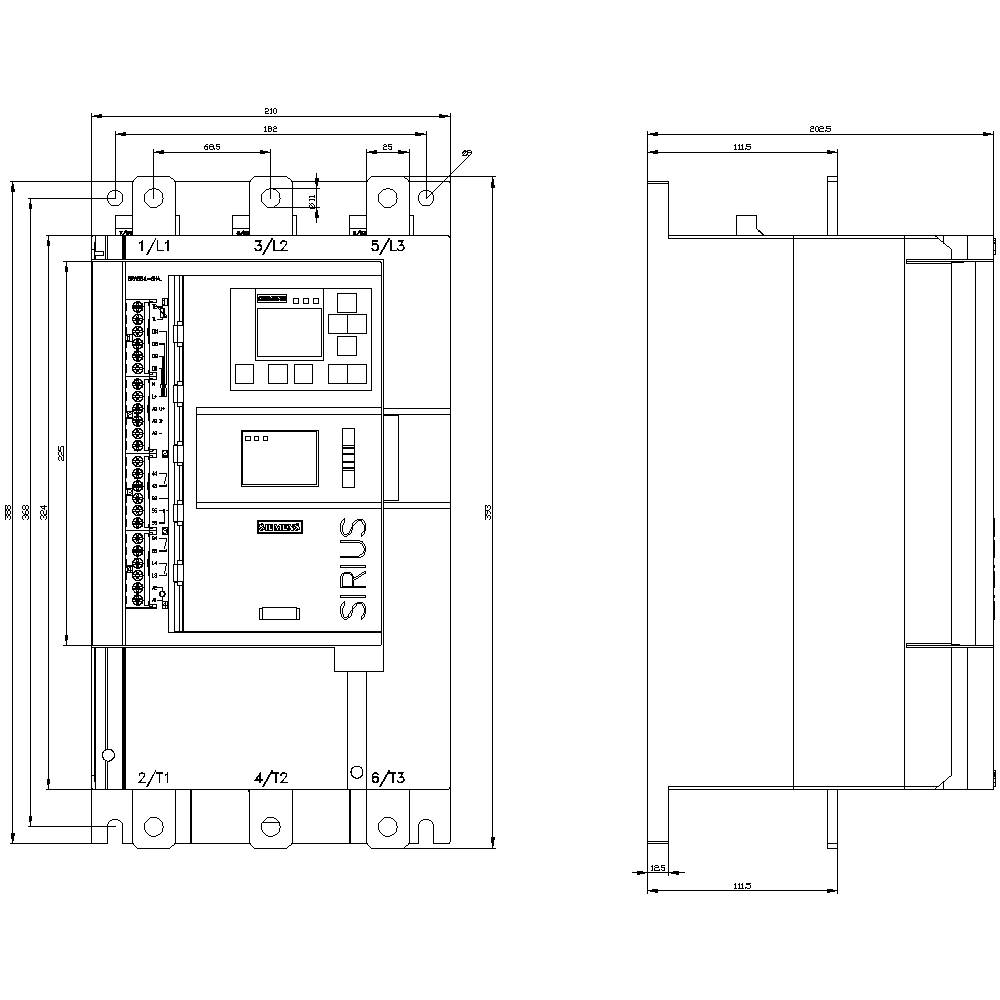 'Technische Zeichnung eines Schaltschranks. Links: Vorderansicht mit Abmessungen und Bauteilen. Rechts: Seitenansicht mit zusätzlichen Maßen.'