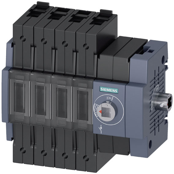 Zu sehen ist ein Siemens-Schalter mit fünf schwarzen Hebeln und einer grauen Drehregelungsschraube mit den Symbolen 'I' und 'O'.