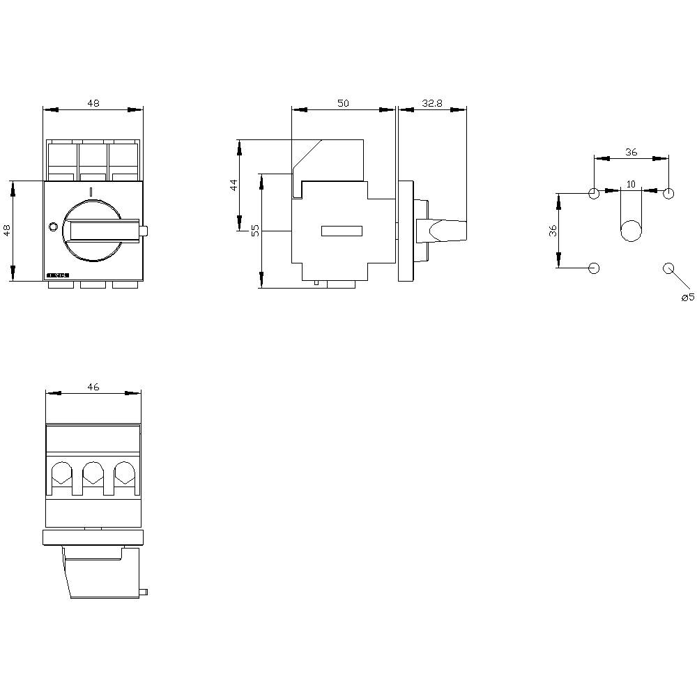Technische Zeichnung eines Schalters mit Abmessungen: 48x48 mm Frontplatte, 50 mm Gesamttiefe, zeigt Vorder-, Seiten- und Draufsicht.